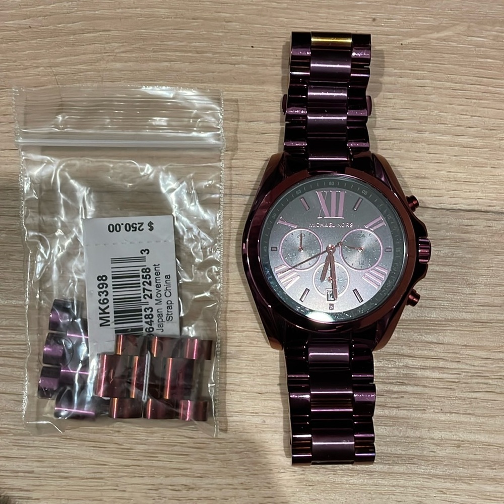 Michael Kors dark purple chronograph watch with tag